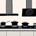 Modern Kitchen Appliances Featuring Range Hoods And Gas Stoves With Cooking Pans