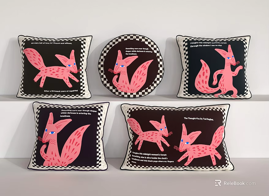 Cute Pink Fox Pattern Decorative Pillows With Black Background And White Edges 3d model