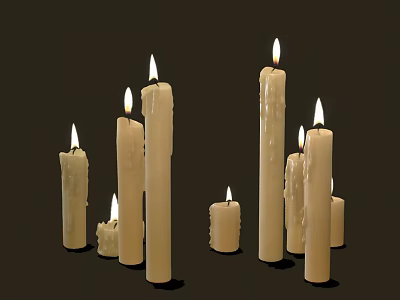 Lit Candle Lamps With Various Heights Flames And Melted Wax On Dark Background 3d model