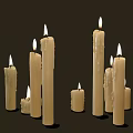Lit Candle Lamps With Various Heights Flames And Melted Wax On Dark Background