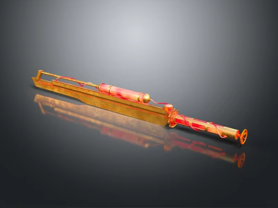 Ancient Golden Weapon With Red Decorative Design And Metal Spear Structure 3d model