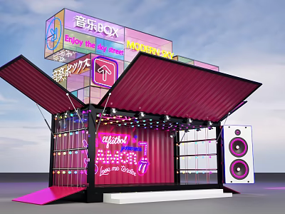Vibrant Music Box Container Structure With Neon Lights Melody Signage And Speakers 3d model