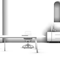 Long Brown Conference Table With Black Legs Red Chairs Gray Brick Wall And Arched Window