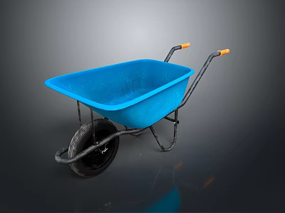Durable Blue Plastic Wheelbarrow With Black Wheel And Orange Handles 3d model