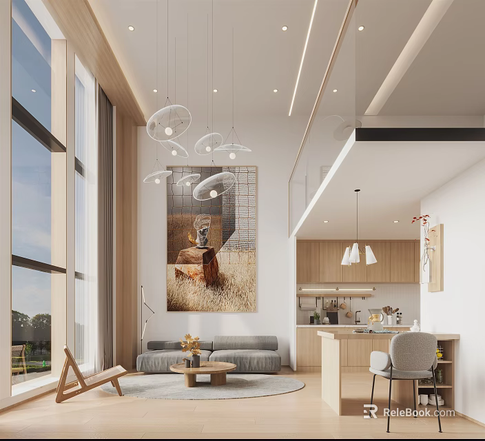 Spacious Modern Apartment Interior With Large Windows Open Kitchen And Cozy Living Area 3d model