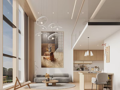 Spacious Modern Apartment Interior With Large Windows Open Kitchen And Cozy Living Area 3d model