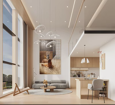 Spacious Modern Apartment Interior With Large Windows Open Kitchen And Cozy Living Area 3d model