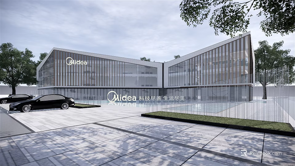 Modern Midea Sales Center Building with Glass Facade Geometric Design and Landscaping 3d model 