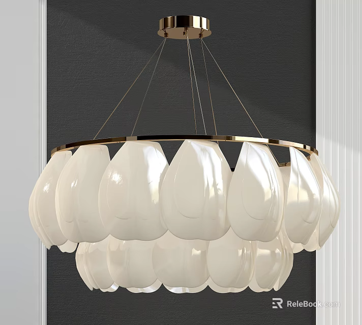 Elegant White Petal Shaped Chandelier With Gold Frame Hanging From Ceiling 3d model 