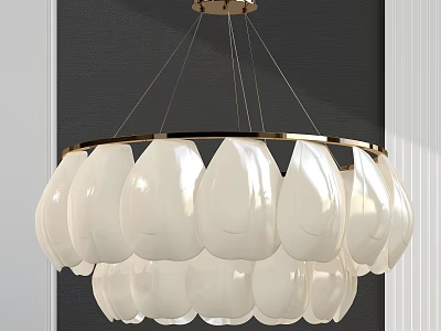 Elegant White Petal Shaped Chandelier With Gold Frame Hanging From Ceiling 3d model