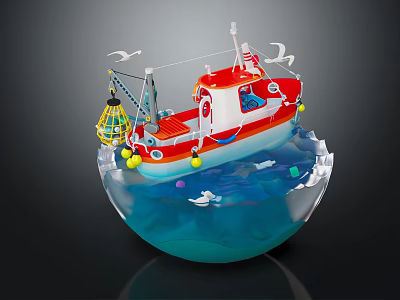 Natural scene inside crystal ball with red fishing boat seagulls and calm blue water 3d model