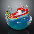 Natural scene inside crystal ball with red fishing boat seagulls and calm blue water