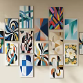 Multiple Abstract Paintings with Geometric Patterns and Colorful Designs on Wall 3d model