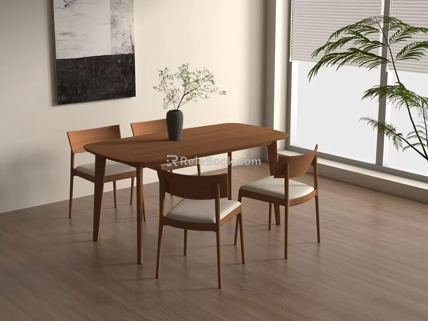 New Chinese-style Log Dining Table and Chair Dining Table and Chair Long Dining Table Rectangular Dining Table Dining Chair Desktop Green Planting 3d model