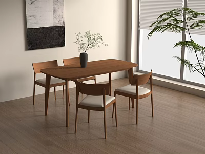New Chinese-style Log Dining Table and Chair Dining Table and Chair Long Dining Table Rectangular Dining Table Dining Chair Desktop Green Planting 3d model