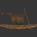 Traditional Wooden Boat with Thatched Roof Red Lantern and Paddle