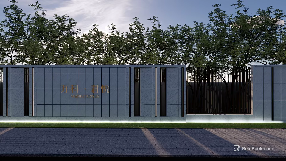 Modern Building Facade With Stone Surface Golden Lettering Black Fence And Background Green Trees 3d model 