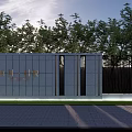 Modern Building Facade With Stone Surface Golden Lettering Black Fence And Background Green Trees