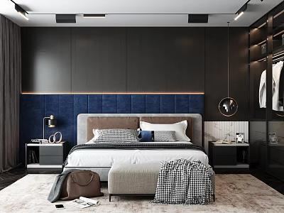 Background Double Bed in Modern Bedroom Interior With Blue Headboard Dark Walls Nightstands And Lighting 3d model