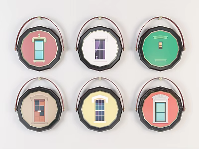 Colorful Round Decorative Ornaments With Door Window Designs And Brown Handles 3d model