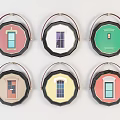 Colorful Round Decorative Ornaments With Door Window Designs And Brown Handles