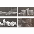 Modern Background Wall Designs Featuring Wavy Lines Dot Patterns And Urban Silhouettes 3d model