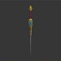 Golden Ornate Sword Featuring Red Hilt Blue Gemstone Shiny Blade And Decorative Design