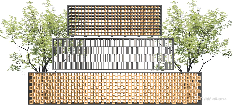 Stylish Outdoor Partitions With Geometric Grid Horizontal Slatted And Woven Patterns For Landscaped Garden Design 3d model 