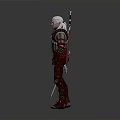 White Haired Man In Red And Black Armor Holding Sword Against Gray Background
