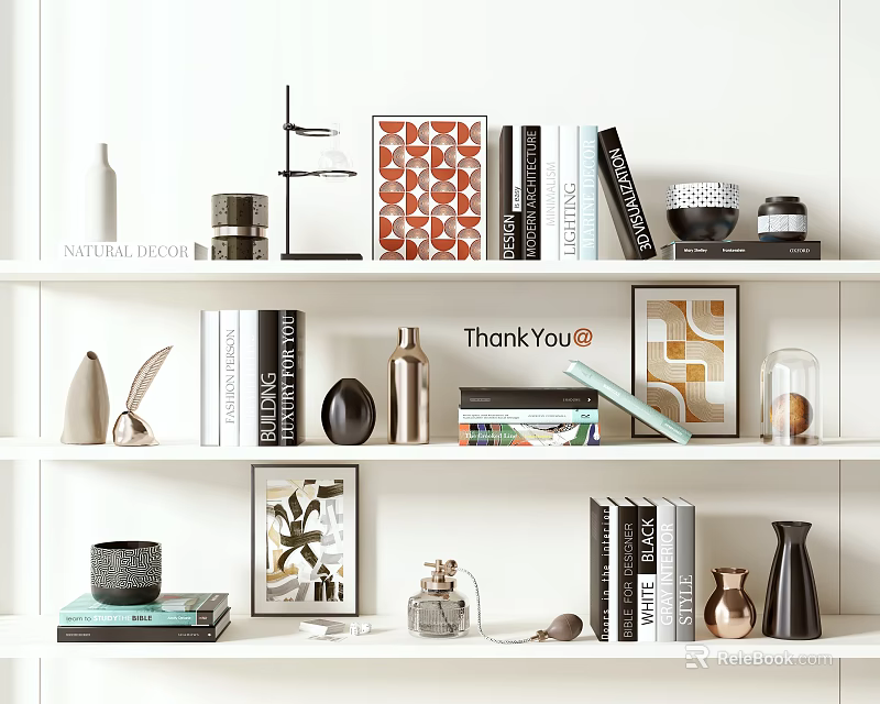 Decorative Ornaments Set On White Shelves With Books Vases Art Prints And Metallic Decor 3d model 