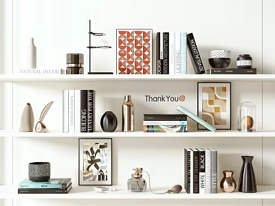 Decorative Ornaments Set On White Shelves With Books Vases Art Prints And Metallic Decor 3d model