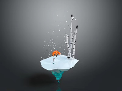 Fox Standing On Floating Ice Island With Birch Trees And Falling Snowflakes 3d model