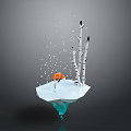 Fox Standing On Floating Ice Island With Birch Trees And Falling Snowflakes