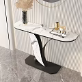 Modern Console Table Marble Top With Vase Books Gold Ornaments Round Mirror On Striped Wall