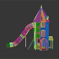 Colorful Kids Playground Equipment with Blue Slide Red Roof Tower Yellow Blue Walls and Ladder