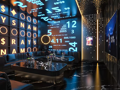 Modern KTV Interior Design With Blue Lighting Digital Screens Sofas Tables And Decorative Walls 3d model