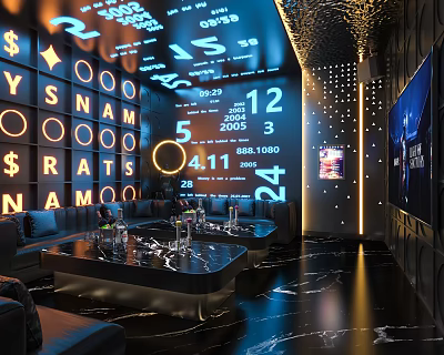Modern KTV Interior Design With Blue Lighting Digital Screens Sofas Tables And Decorative Walls 3d model