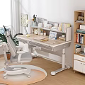 Children's Study Desk With Adjustable Chair Wooden Bookshelf And Stationery Near Window