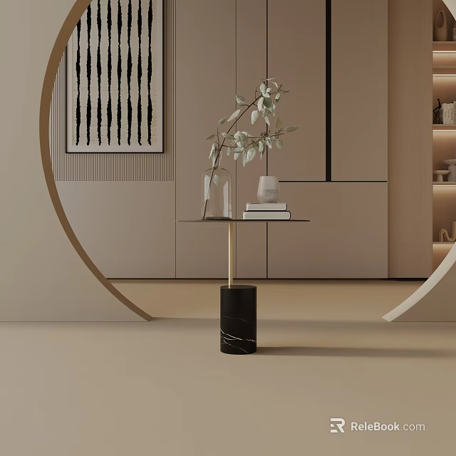 Modern Minimalist Side Table With Glass Top Black Marble Base Green Plant And Books 3d model 