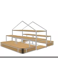 Wooden Display Shelves With White Metal Frames And Multi Tiered Stepped Structure For Product