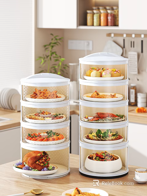 Stackable Transparent Food Covers With Fried Chicken Steamed Buns Lobster And Vegetables On Kitchen Countertop 3d model 