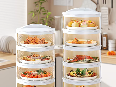 Stackable Transparent Food Covers With Fried Chicken Steamed Buns Lobster And Vegetables On Kitchen Countertop 3d model