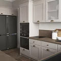 Open Modern Restaurant Kitchen With White Cabinets Island Bar Stools And Wooden Flooring
