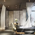 Modern SPA Sauna Interior Design With Stone Walls Round Mirror Marble Countertop And Plant