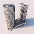 Modern Office Towers With Glass Curtain Walls And Connected Low Rise Base