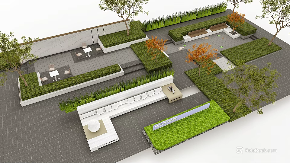 Outdoor Booth Sofa Setting With Greenery Trees Lawn And Stone Paved Area 3d model