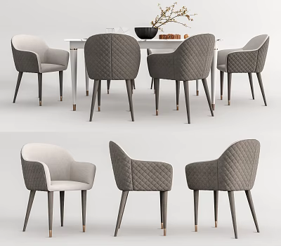 Modern Dining Table Set With Gray Beige Quilted Upholstered Chairs And Metal Legs 3d model