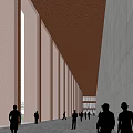 Modern Cultural Center With Red Facade Plaza People Trees And Pool
