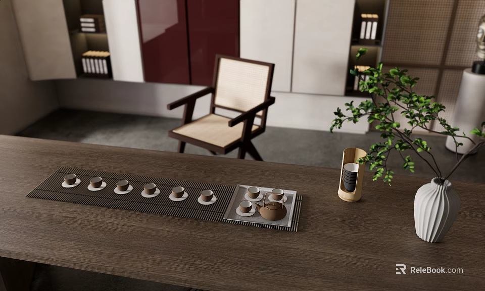 Minimalist Wooden Tea Table And Chairs With Tea Set Tray And Green Plant 3d model 