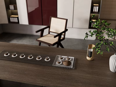 Minimalist Wooden Tea Table And Chairs With Tea Set Tray And Green Plant 3d model